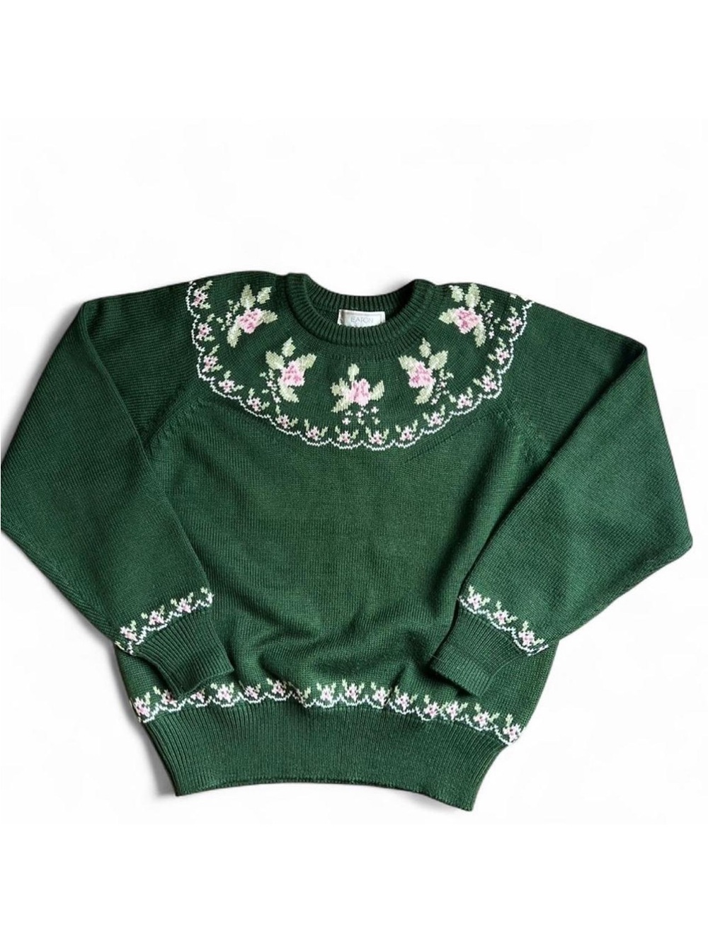 Eaton Vintage Green Floral Intarsia Knit‎ Sweater Cottagecore Rose Size M